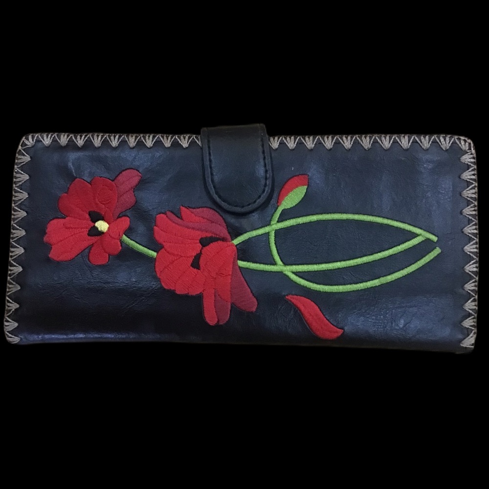 Vintage Leather Wallet with Red Flowers